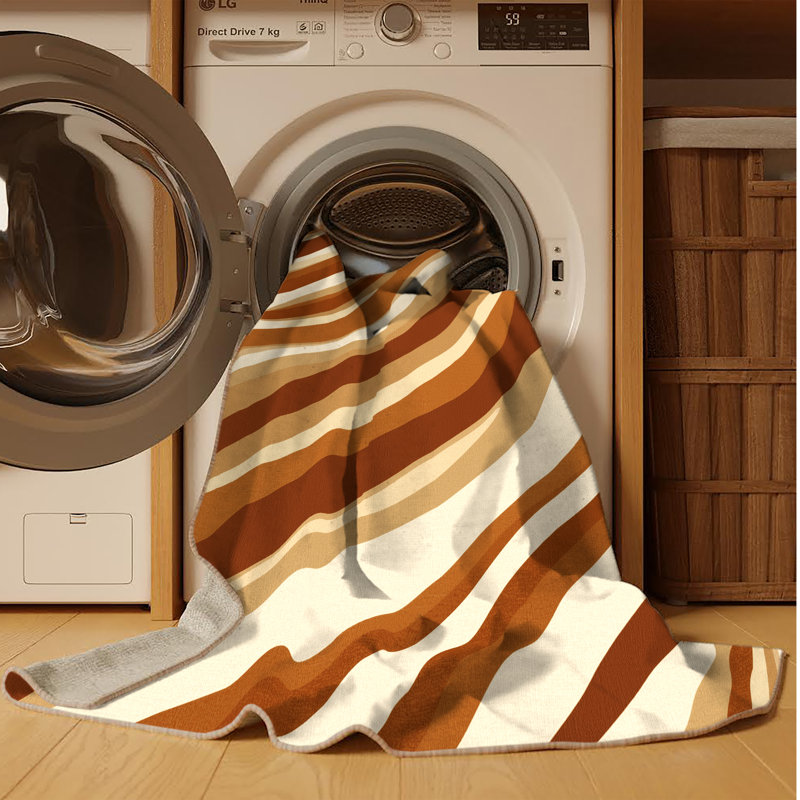 Tapis à rayures moderne brun et beige lavable à la machine, Rond 5 pi