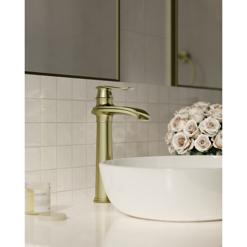 VanoFall Waterfall Vessel Gold Single Hole, Single Handle With Drain Assembly, Brushed Gold