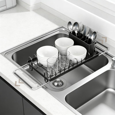 Égouttoir à vaisselle compact et extensible pour évier ou comptoir, égouttoir de cuisine compact avec tapis en silicone et porte-couverts, acier inoxydable