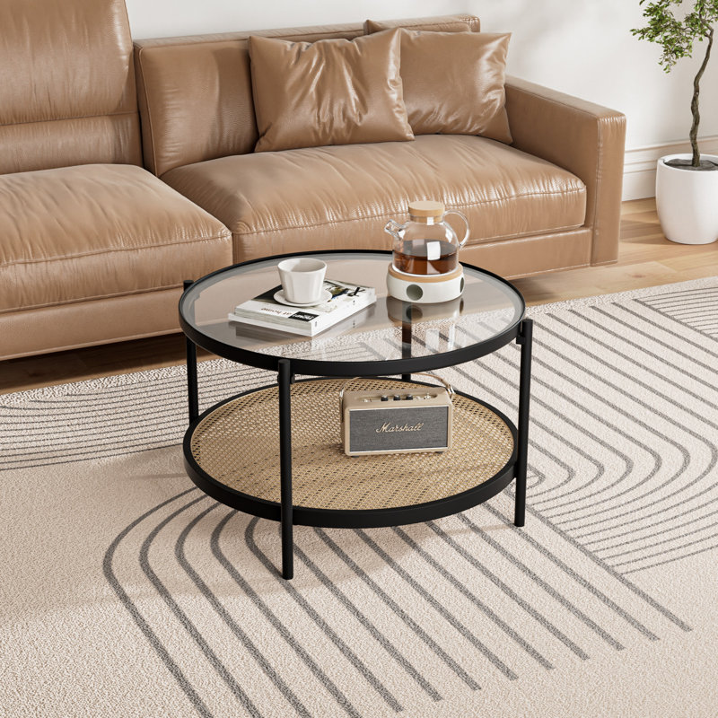 Glass Top Coffee Table with Woven Metal Shelf, Round