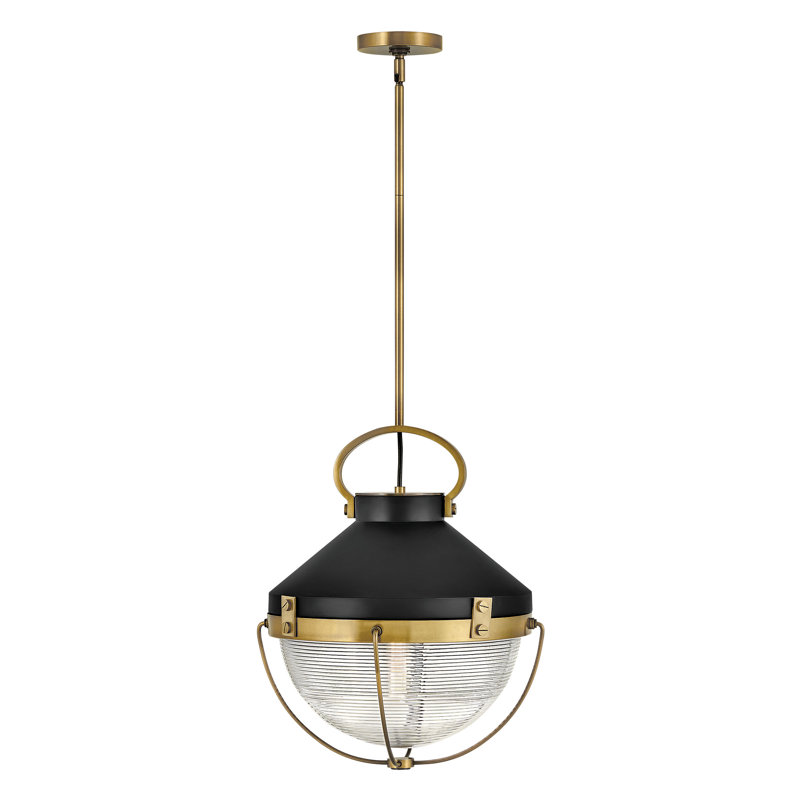 Crew 1-Light Maritime Pendant with Ribbed Glass Bowl, 15.25" H x 12" W x 12" D, Heritage Brass, Black