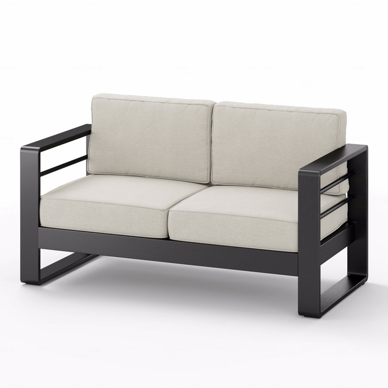 Outdoor Patio Loveseat, Bay MP1 Black Finish With Beige Cushion