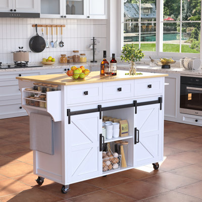 Farmhouse Kitchen Island Cart With Drop Leaf, Barn Door Storage Cabinets & Locking Wheels – Rustic Wood Finish by Gracie Oaks