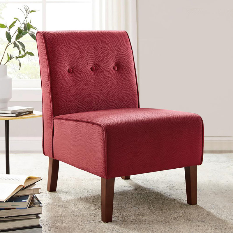 Berniya Upholstered Button Tufted Slipper Chair with Wooden Legs, Red Polyester Blend