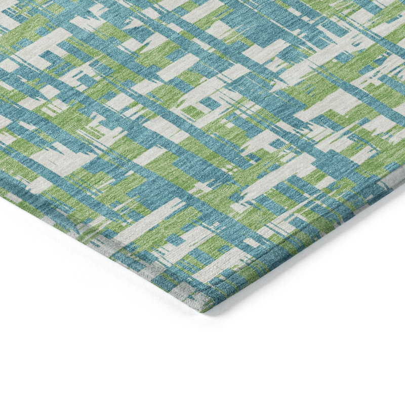 3' X 5' Turquoise Green And Ivory Abstract Washable Indoor Outdoor Area Rug