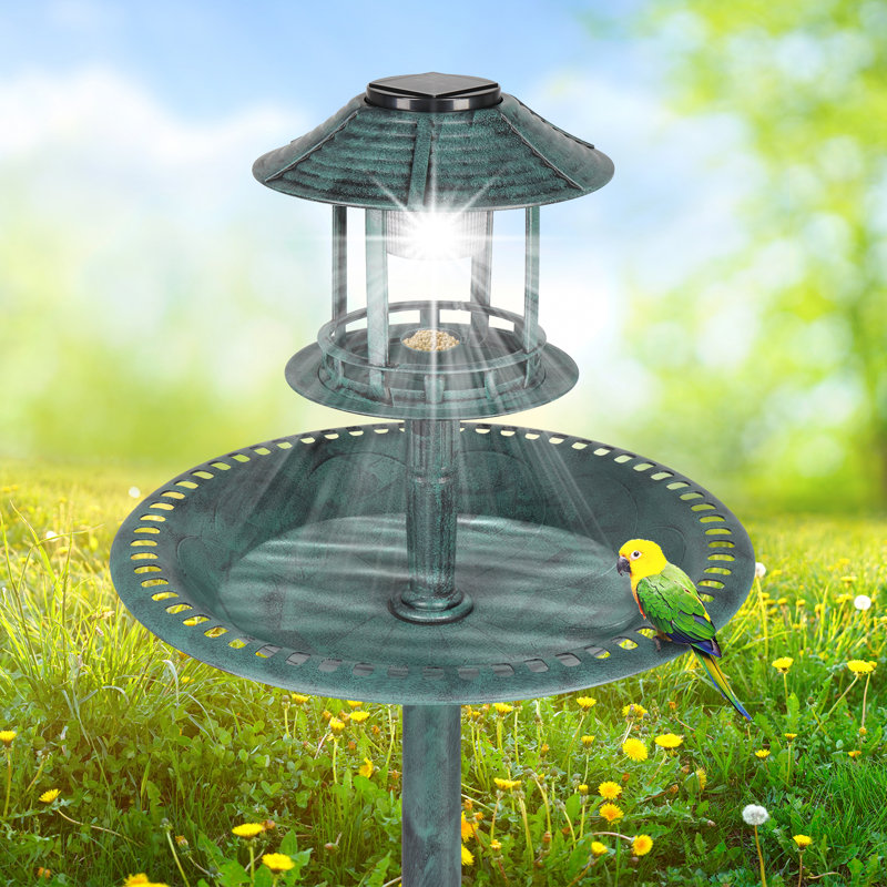 Green Plastic Birdbath with Solar Light and Stand