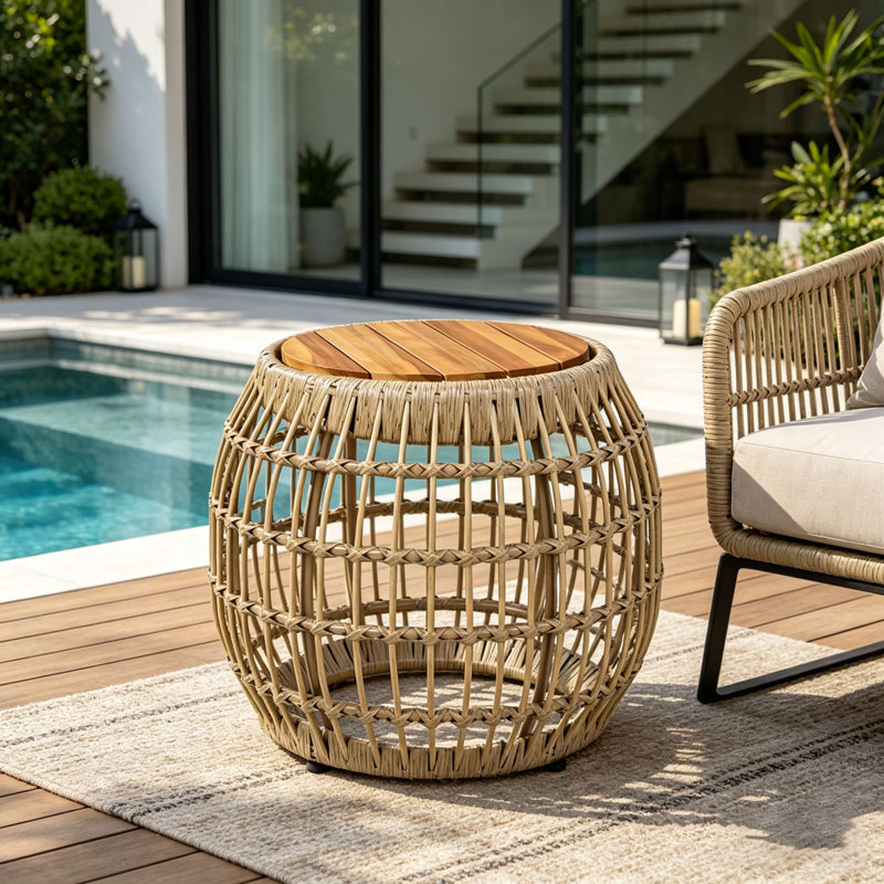Table d'appoint d'extérieur en bois d'acacia avec base en osier