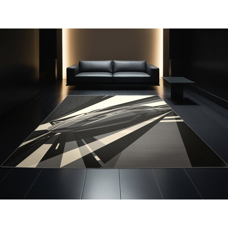 Machine Washable Potts High Speed Bullet Train Sleek & Chic Modern Geometric Rug in Brown – Gray Binding, 8x12