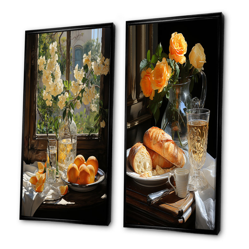 Sunrise Elegance - ensemble d'art mural sur toile Petit déjeuner, ensemble de 2, Cadre flottant noir, H 32 po x l 33 po