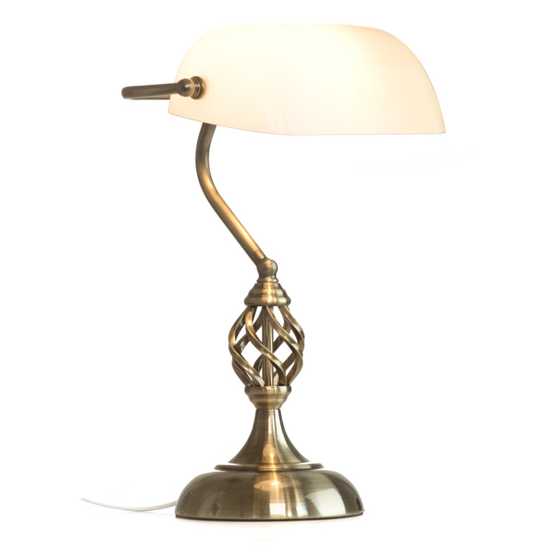 Bratton 40Cm Traditional Glass Bankers Antique Brass Lamp, White