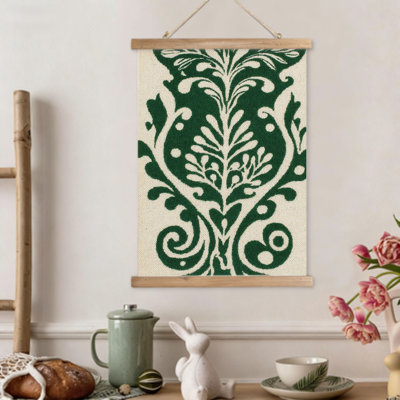 Damas à motif floral, art mural à volutes suspendues, cintre en bois intégré, 16 x 24