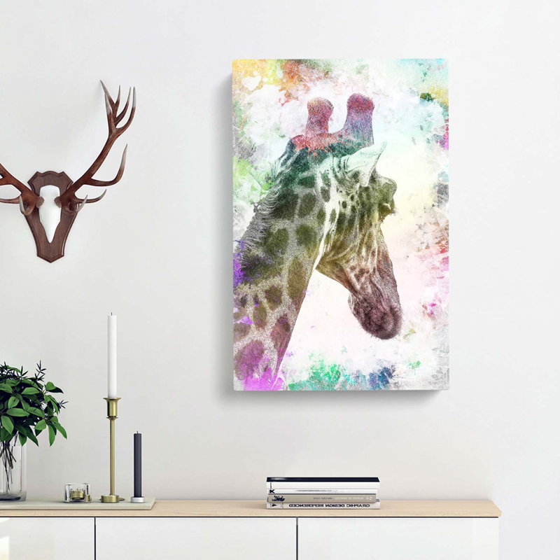 Giraffe Facing The Rainbow In Abstract - Wrapped Canvas, 76cm H x 50cm W x 3cm D