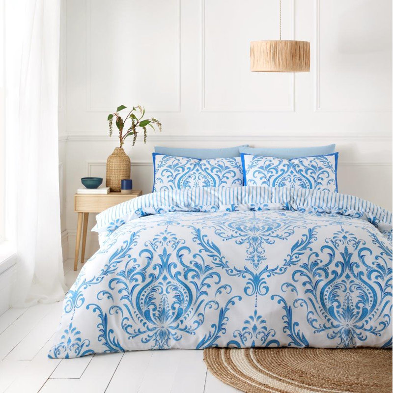 Polycotton Damask Duvet Cover Set with Matching Pillowcases - Soft Yarn Bedding, Blue, King