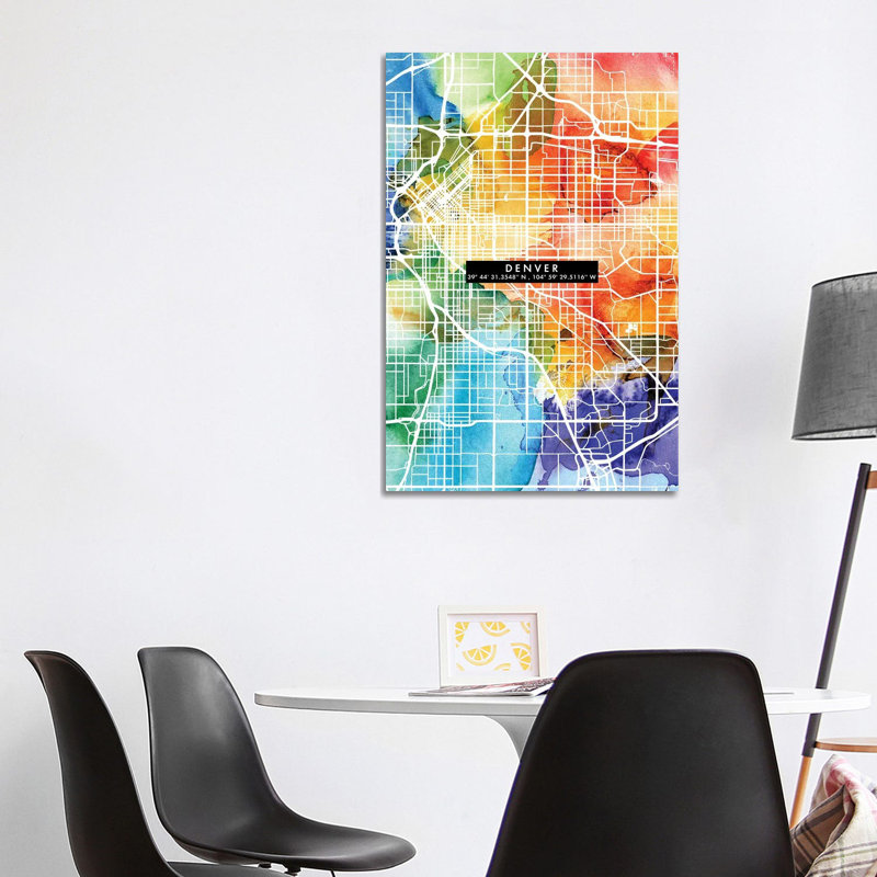 Denver City Map Colourful 1 Piece Wrapped Canvas Painting, 101.6cm H x 66.04cm W x 1.91cm D