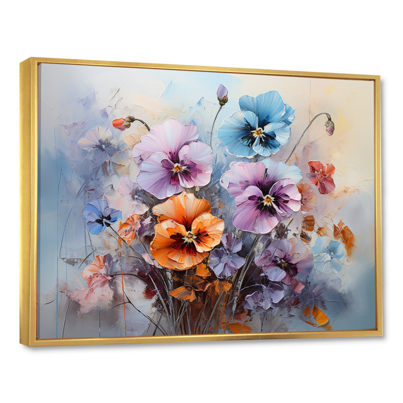 «Purple Pansies Efflores Lawrence» sur toile, Cadre flottant doré, H 30 po x l 40 po x P 1,5 po