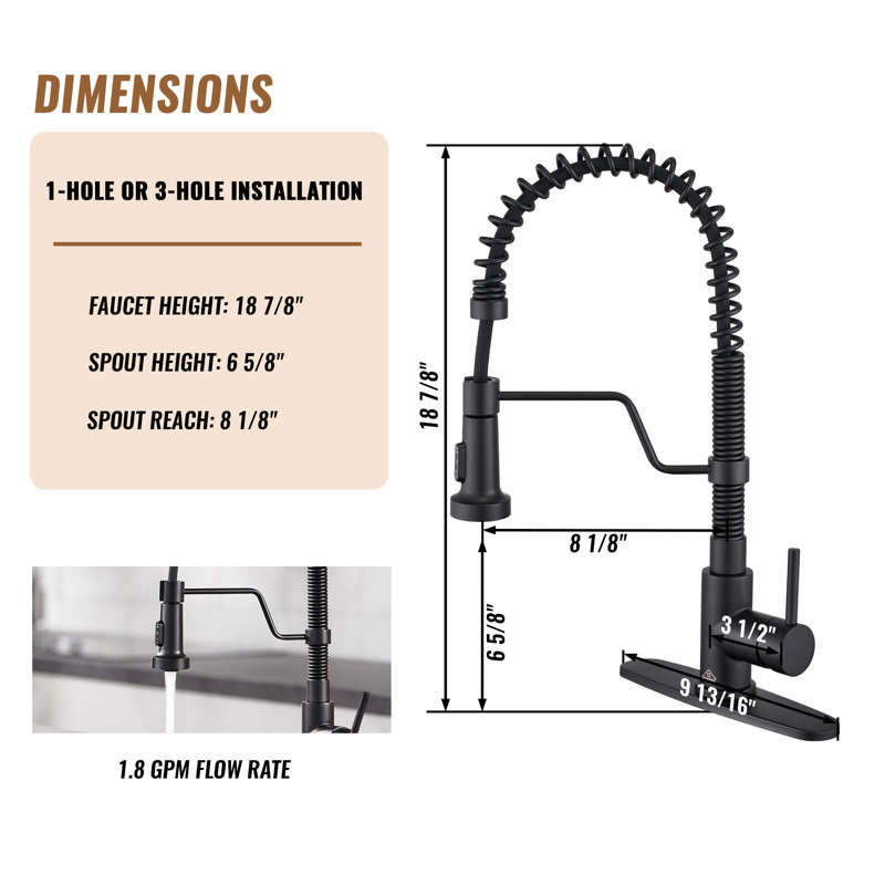 Robinet de cuisine à bec rétractable à ressort 1,8 GPM avec plaque de pont Bolden, Noir mat