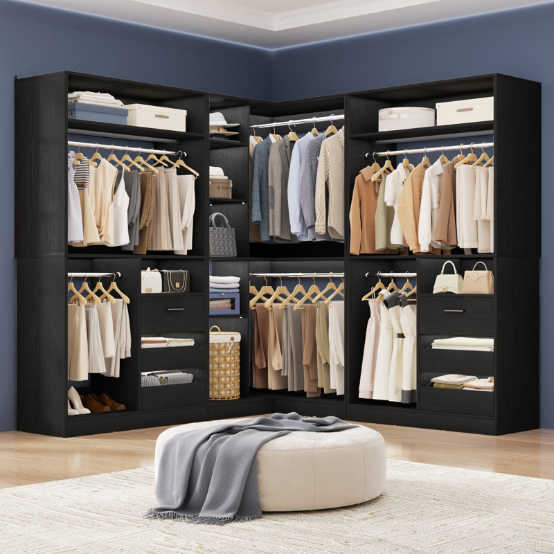 72"-108" Closet System With Drawers And Rods, Black