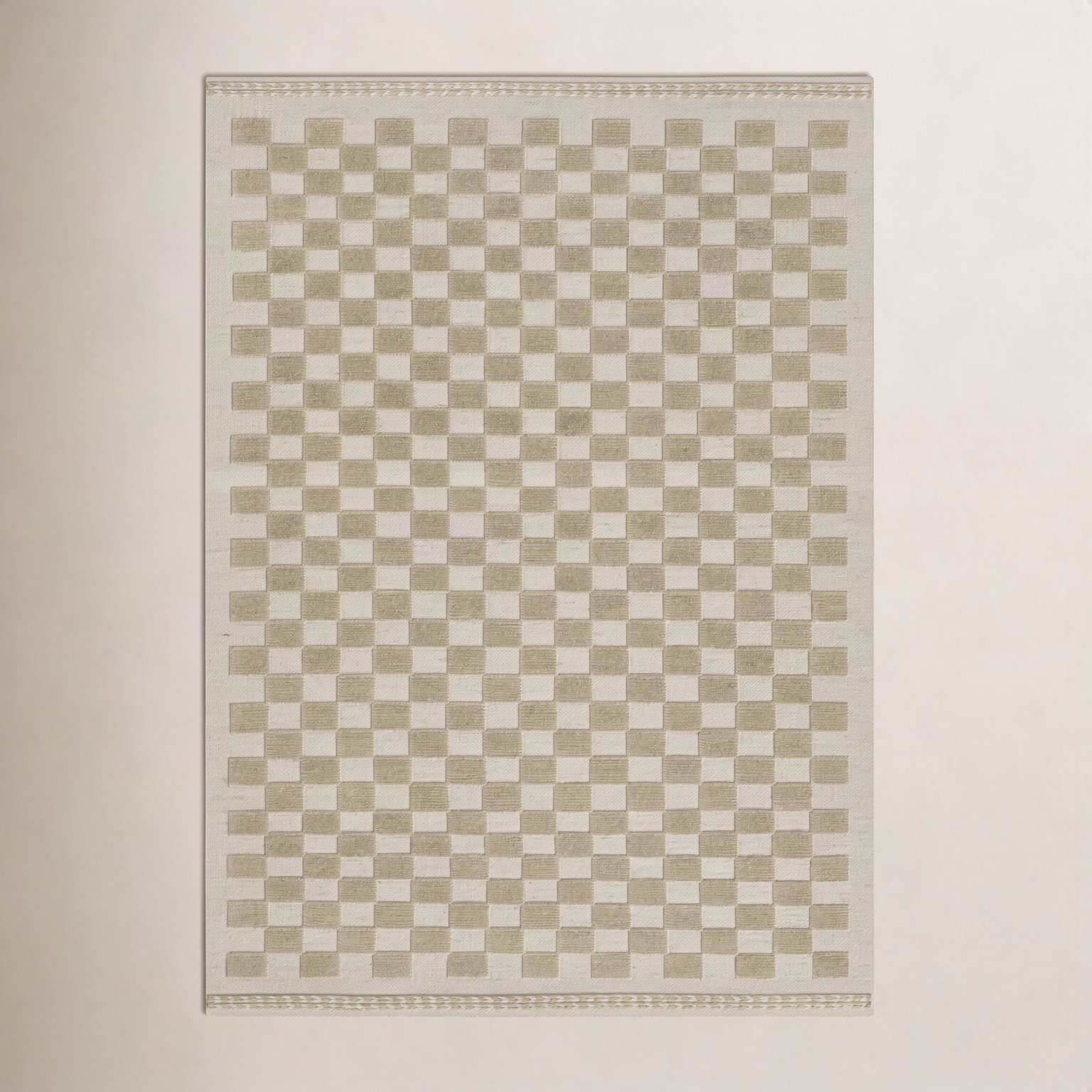 Azle Beige Tan Hand-Woven Checkered Wool Rug, Rectangle 10' x 14'
