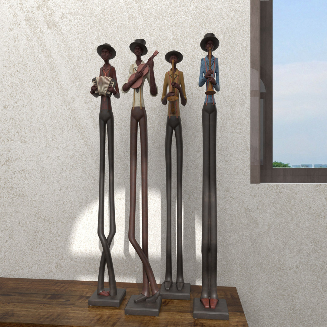 Polystone Tall Long Legged Jazz Band Musician Decorative Brown Sculpture with Black Base Stand Set Red Barrel Studio®