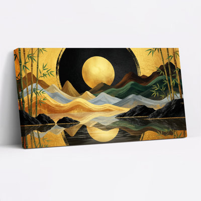 Golden Moon Bamboo Mountain Landscape Canvas Wrapped Wall Art Set Of 1