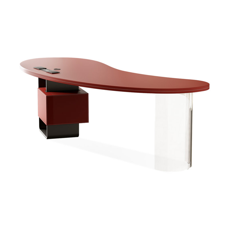 Bureau 2 tiroirs rouge + noir + bois franc incurvé + acier Barenia + acier + acrylique, Retour à droite