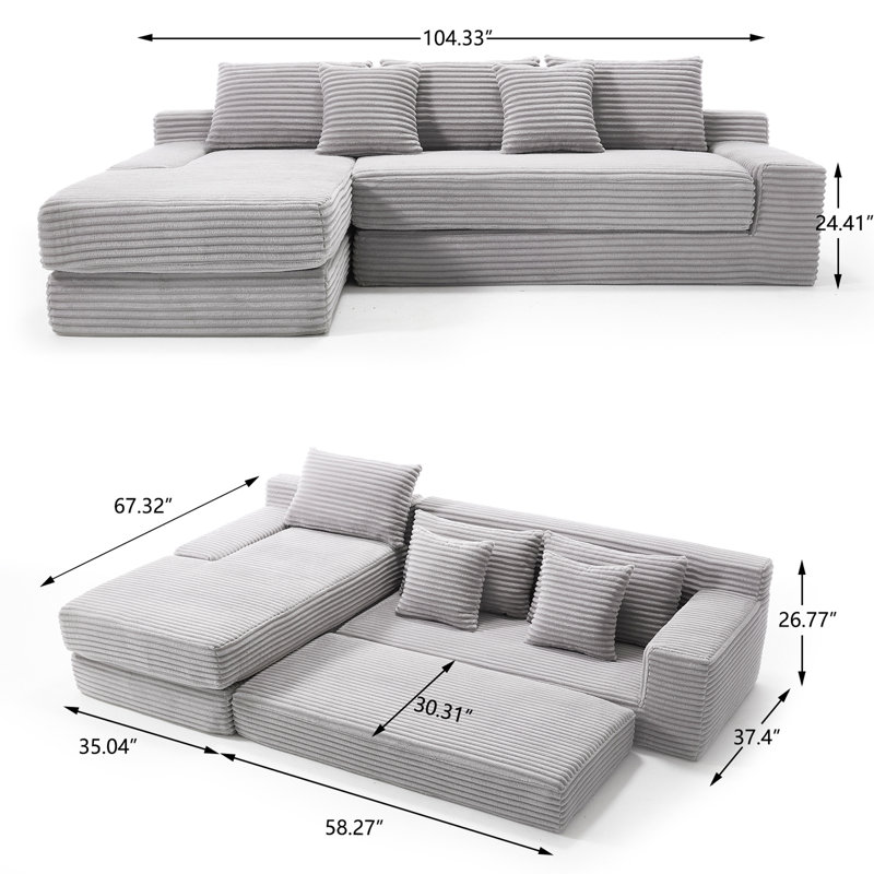 Canapé-lit modulaire réversible 104,34 po, Velours côtelé gris pâle