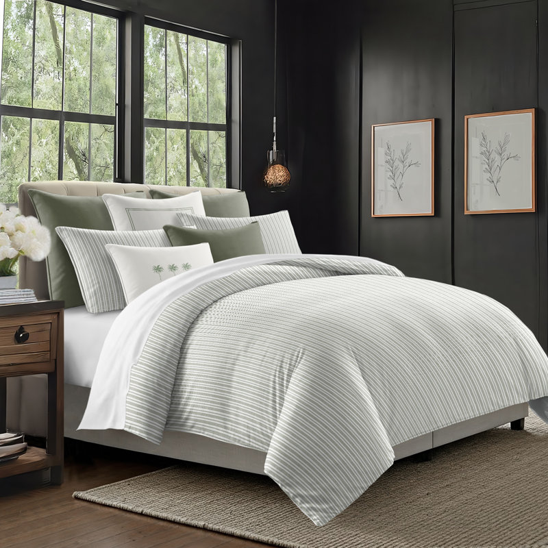 Pacific Stripe Cotton Reversible Coverlet Set, Cal.King Coverlet/Bedspread + 2 King Shams, Sweet Grass