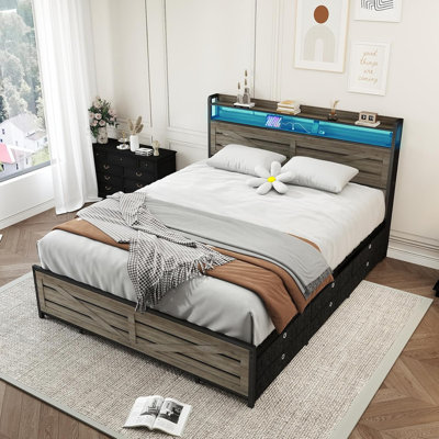 Full Size Bed Frame With 12 Fabric Drawers, LED Lights & Charging Station, No Box Spring Needed Metal Platform Bed With Anti-Slip & Noise-Free Support, Gray MDF + Metal Storage Bed For Bedroom