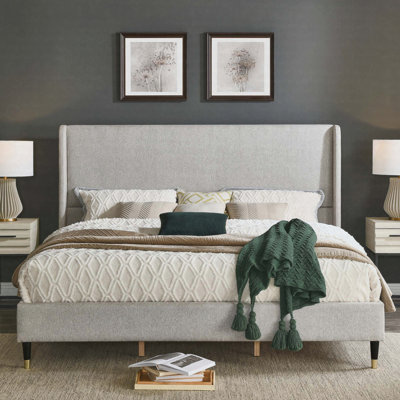 Blue Fabric Wingback Platform Bed, King