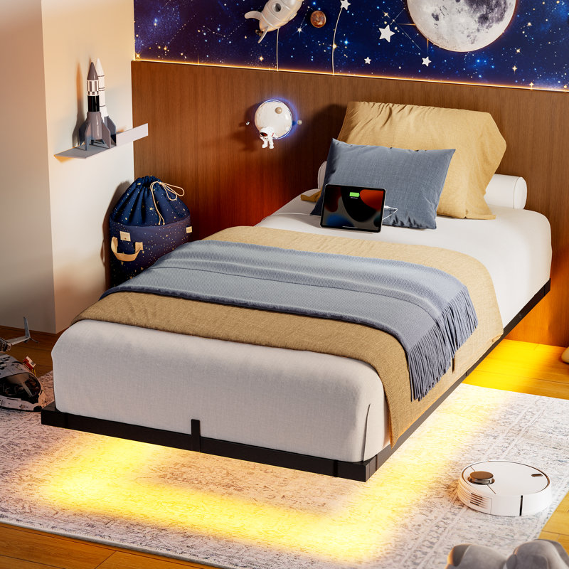 Zoller Floating Bed Frame with LED & Charging Station, Modern Metal Platform Bed, No Box Spring Needed, Twin