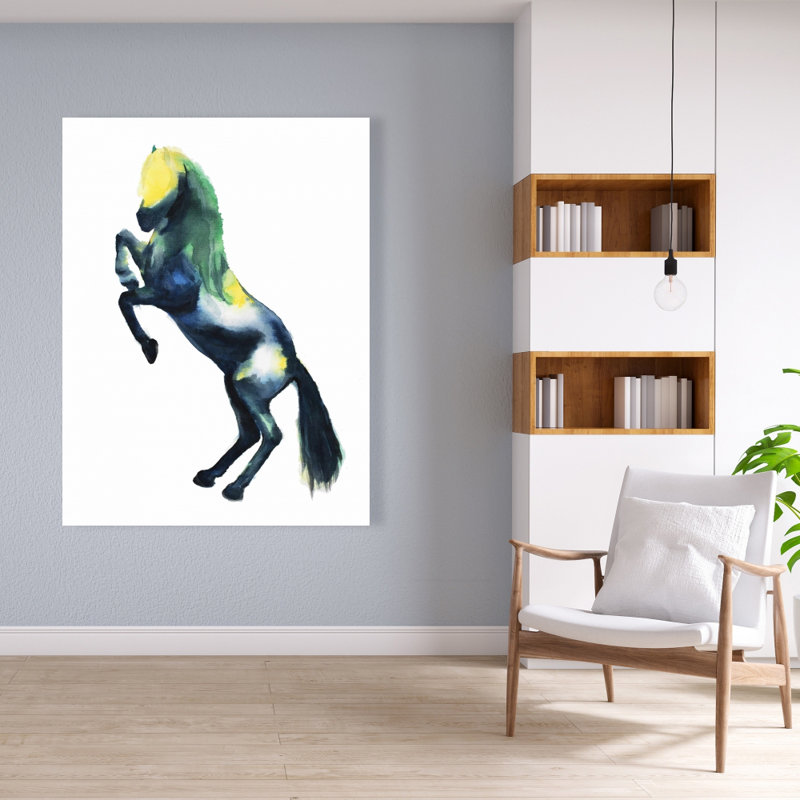 «Greeting Horse» - Toile bleue de salon pour la décoration intérieure, H 48 po x l 36 po