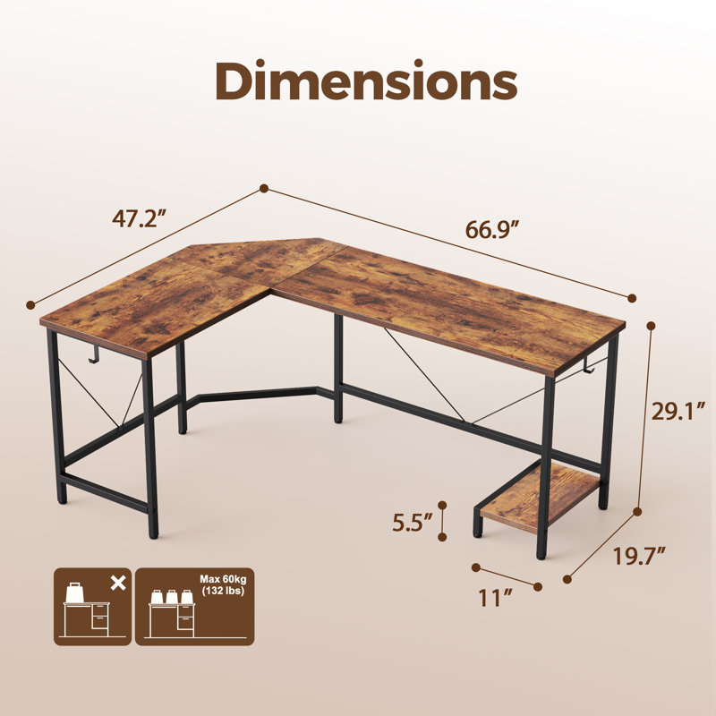 Bureau de jeu en coin en L 66 po, Brun rustique