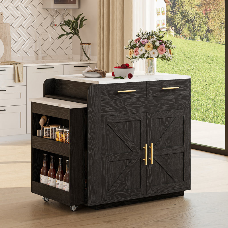 70.8" Transitional Style Kitchen Island With Extendable Dining Table For 2-4 People, Rolling Kitchen Island Table With Storage And Charging Station