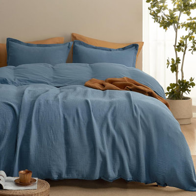 PHF 100% Cotton Muslin Duvet Cover, 3-Layer Guaze Ultra Soft Breathable Textured Linen Like, 3pcs Bedding Comforter Cover Set for All Season, Duvet Set with 2 Pillow Shams