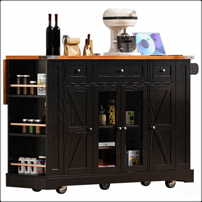 53'' Farmhouse Kitchen Island With Storage, Power Outlet, And Rolling Cart On Wheels For Versatile Use