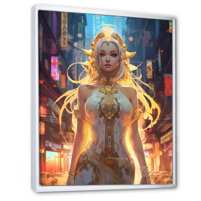 Cyberpunk Urban Tokyo Gracieux déesse I - impression, 32" H x 24" W, Cadre flottant blanc
