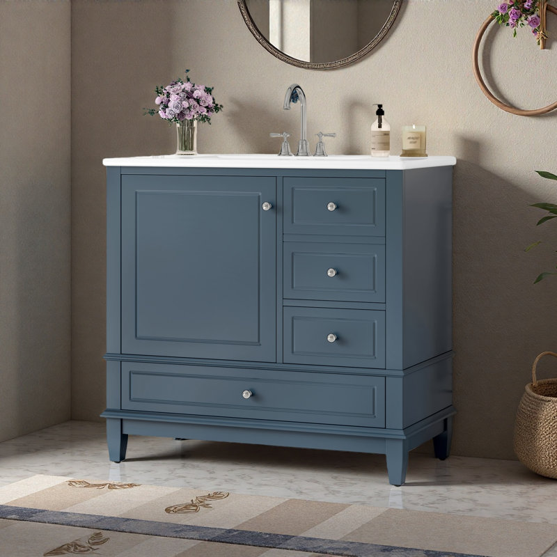 Meuble-lavabo 36 po avec lavabo en céramique, panneau de fibres à densité moyenne et base en bois massif, 3 tiroirs et armoire avec tablettes, finition peinte
