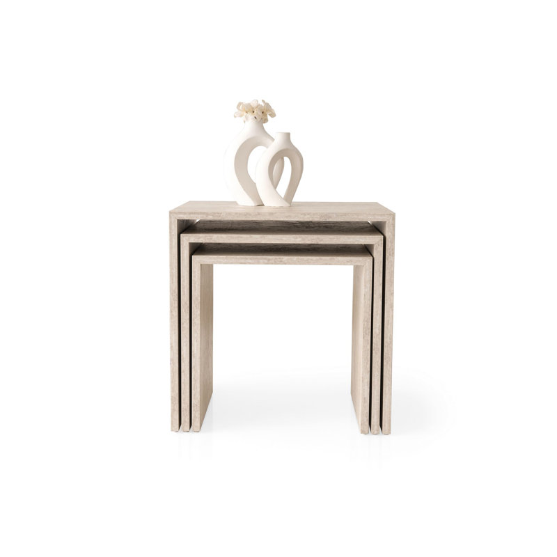 3-Piece Nesting Table Set, Travertine Color, 19.7 x 19.7 x 19.7 in, 17.7 x 17.7 x 17.7 in, 15.7 x 15.7 x 15.7 in | 100% Melamine Coated Particle Board, 0.7 in Thick | Modern Marble Design for Living Room & Office