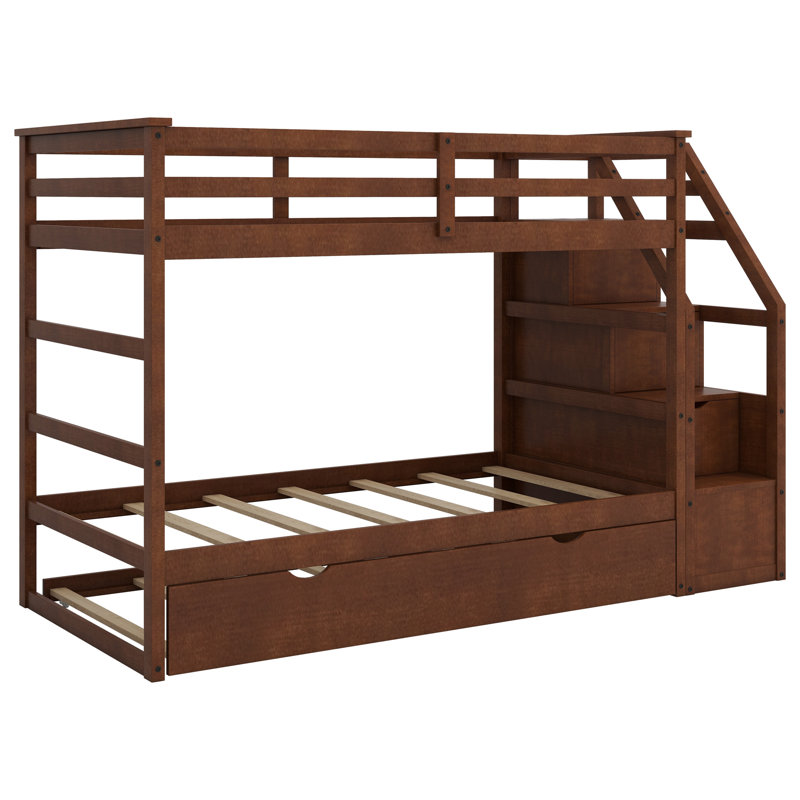 Lit superposé simple au-dessus de simple avec lit gigogne Janyll Kids, Noyer