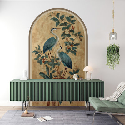 Vintage Heron Arch Wall Decal – Peel & Stick Removable Wallpaper Mural with Botanical Birds