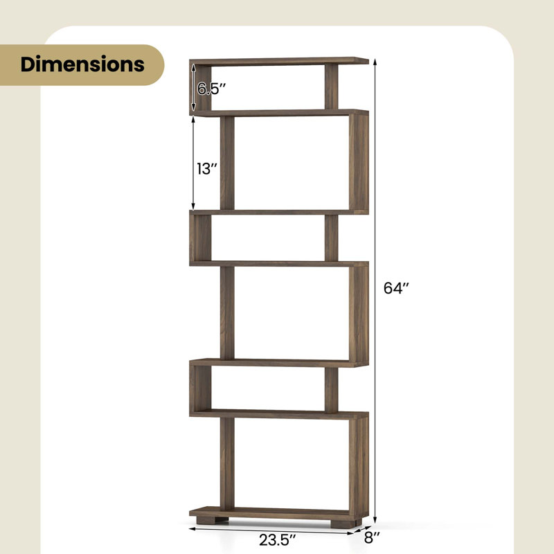 2 PCS Bookcase 6-Tier Bookshelf with Anti-Tipping Kit Freestanding Display Shelf , Brown