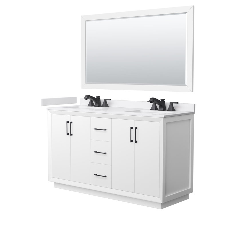 Strada 60" Freestanding Double Bathroom Vanity with Cultured Marble Top, White / Satin Bronze, 60'' W, White Cultured Marble