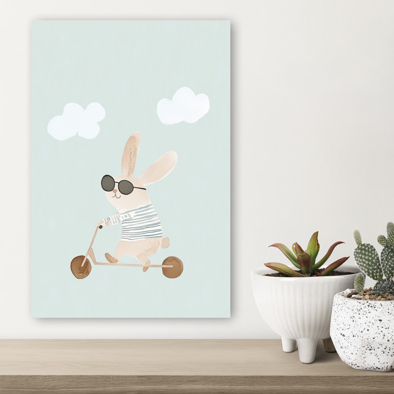 Cool Bunny Scooter Ride Modern Playful Whimsical Rabbit Forest Landscape Wall Art Print by Mathieu - Wrapped Canvas Print