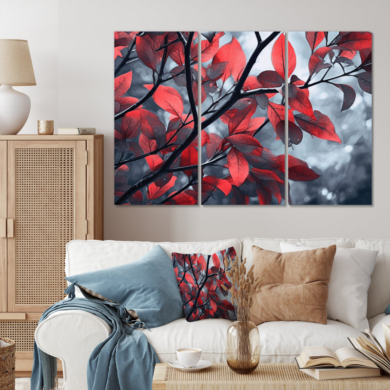 «Red Grey Leaves On Tree I On Canvas», reproduction de 3 pièces, H 40 po x l 60 po x P 1 po