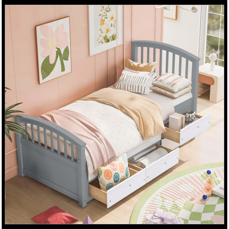 Lit plateforme simple avec 6 tiroirs, gris et blanc