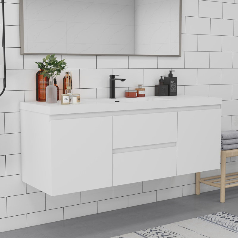 Meuble-lavabo mural, Blanc lustré, 59"