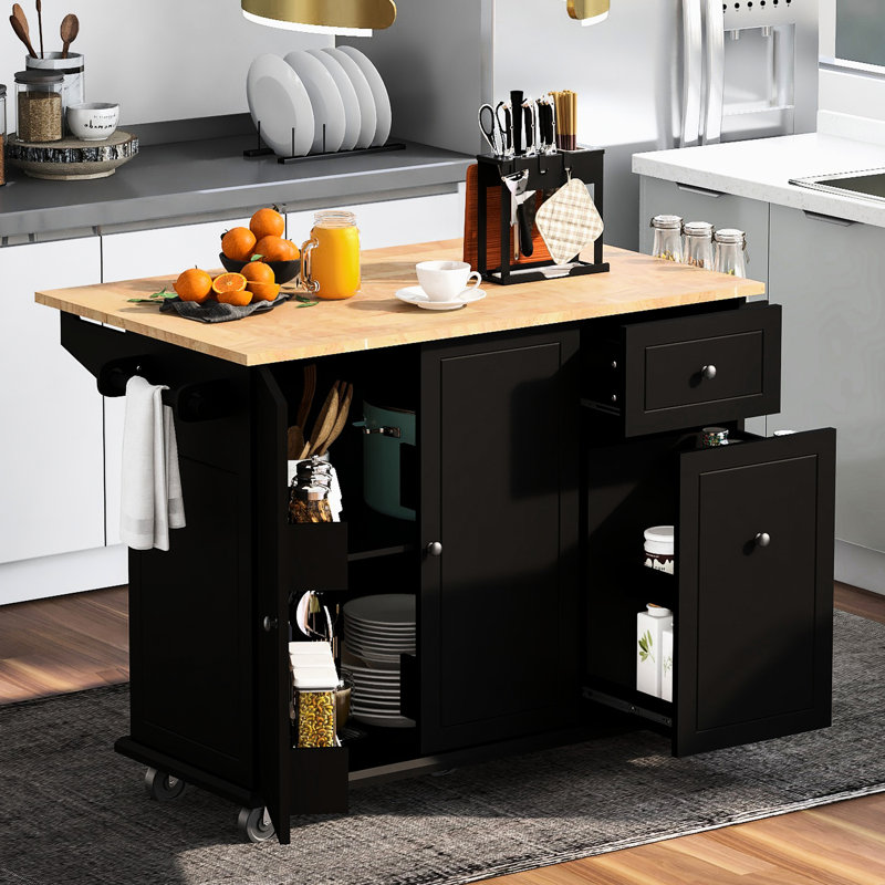 Chariot pour îlot de cuisine, plateau de table à abattant, armoire coulissante à 3 tiroirs, rangement interne, noir, chariot de 53,9 po de largeur avec rallonge, organisateur d'armoire à 3 niveaux, roues noires pour une efficacité accrue
