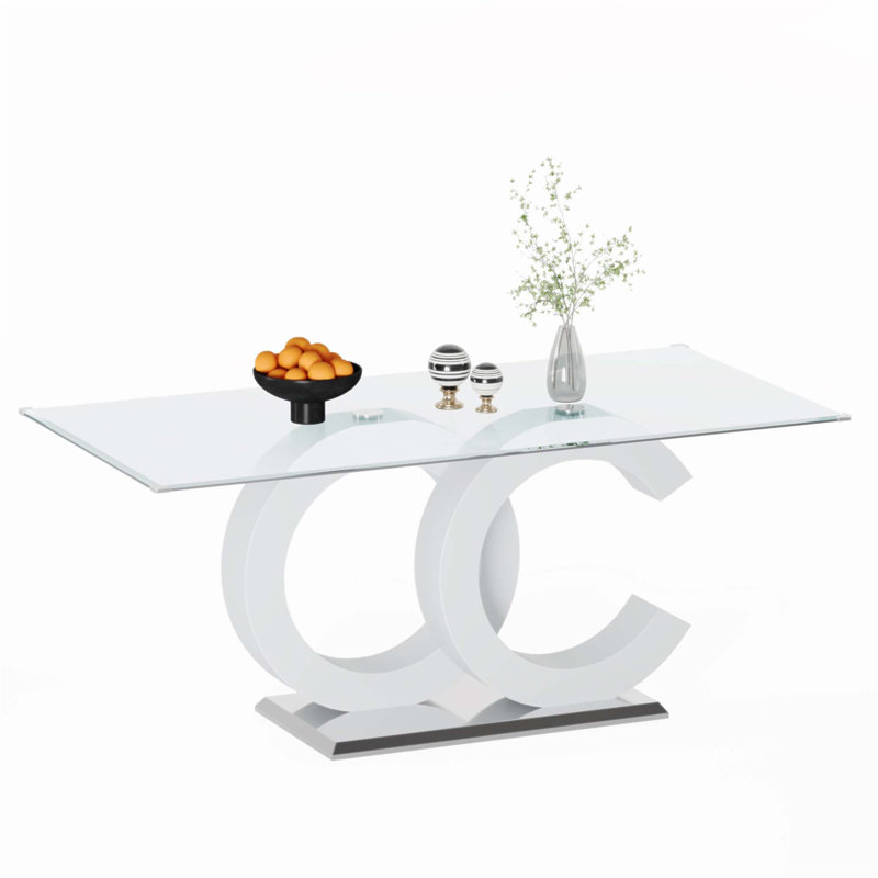 Table de salle à manger moderne en verre trempé avec support en panneau de fibres à densité moyenne et base en acier inoxydable, parfaite pour les intérieurs contemporains