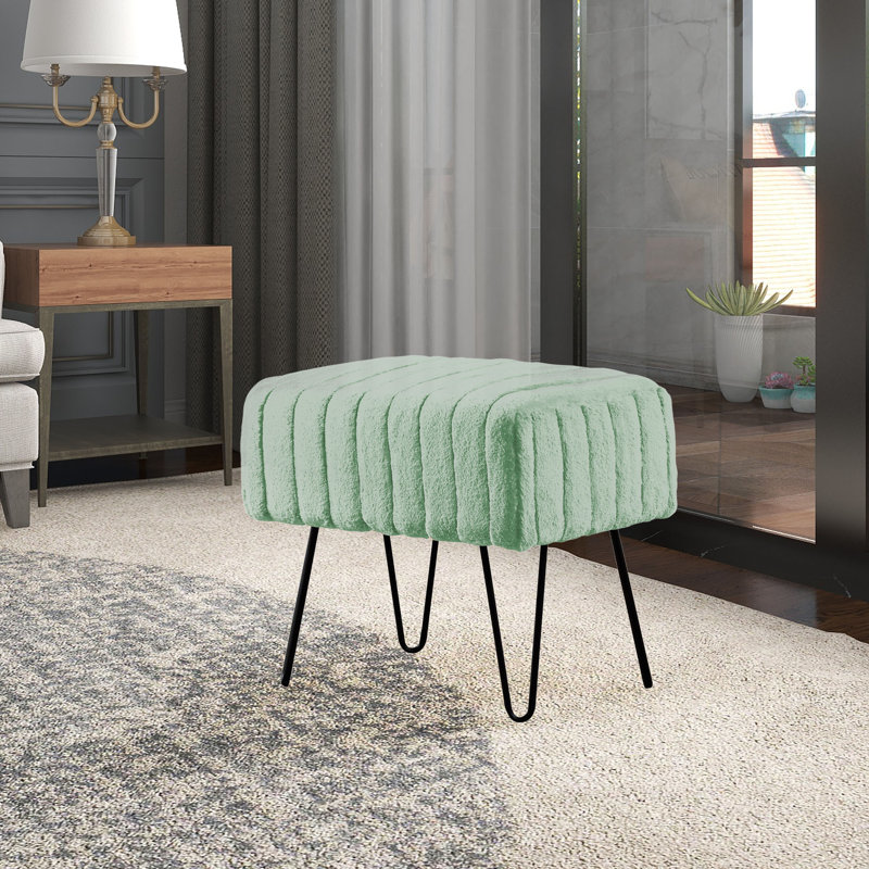 Defranco Upholstered Ottoman, Sea Foam Faux Fur