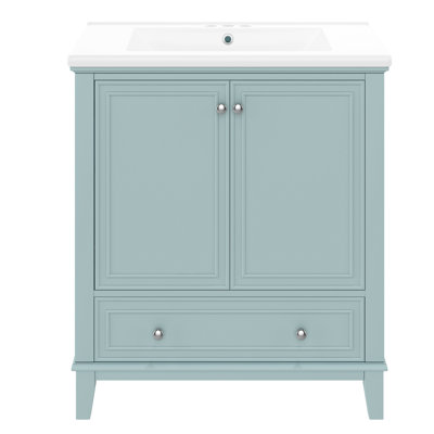 30 - Inch Modern Bathroom Vanity With Drop In Sink, Solid Wood And Board, Adjustable Shelf In Cabinet Removable Section Panel Undermount Poplar Construction, Functional Storage Silver Round